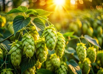 Vibrant green hop cones bursting with freshness sway gently in a sun-drenched agricultural field, backlit by warm light, surrounded by lush foliage and earthy tones.