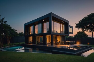 Modern minimalist private black house decorated with glass windows