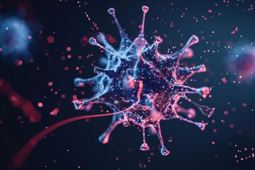 Conceptual virus explosion with vibrant digital particles and a futuristic design with copy space