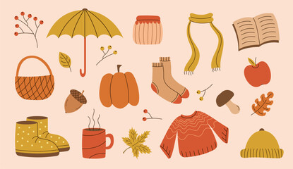 Hello autumn set. Pumpkin, acorn, umbrella, scarf, sweater, book, boots, leaves, basket. Hand drawn vector illustration.