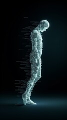 Digital human figure composed of data elements on a dark background, representing technology and digital transformation.