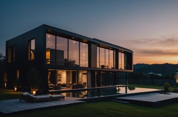 Modern minimalist private black house decorated with wood cladding, sunset over the building