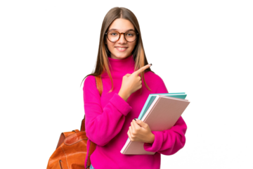 Teenager student caucasian girl over isolated background pointing to the side to present a product