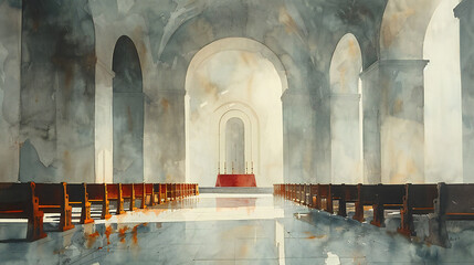 Mary kneeling and looking at the cross in the sky. Digital watercolor painting.
