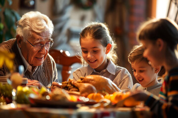 Grandfather and grandchildren enjoying Thanksgiving dinner together, sharing smiles and warmth in a festive family gathering