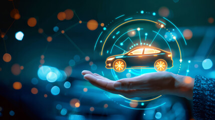 Fototapeta premium Hand holding a holographic car projection, representing futuristic technology and innovation in the automotive industry