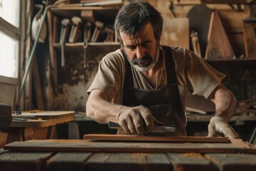 male carpenter using sander on wood in workshop skilled craftsmanship woodworking photography
