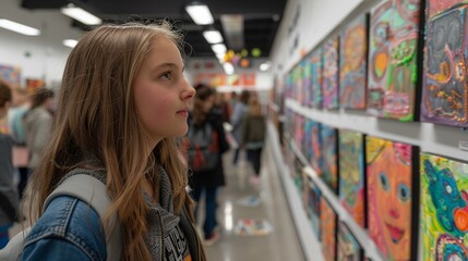 Art Show Appreciation Students admiring artwork displayed in a school art show, feeling appreciative and inspired by their peers creativity
