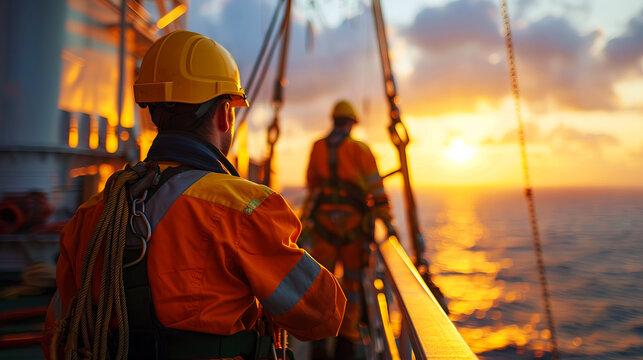 Offshore engineer in safety gear watching the sunset over the ocean, emphasizing the blend of human effort and nature's beauty