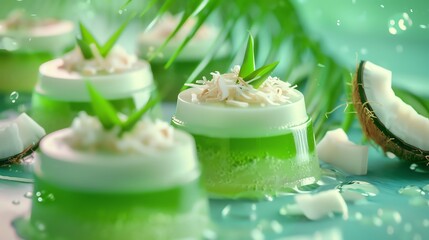 A vibrant shot of Thai coconut jelly, with layers of creamy coconut and pandan flavors, set against a bright, colorful background with natural lighting