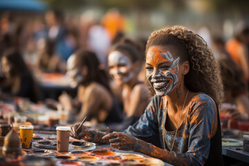 A school Halloween carnival with game booths face painting, and children participating in fun Halloween activities