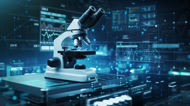 Scientific microscope displayed with digital data, soft blue lighting enhances the futuristic educational setting. - Powered by Adobe