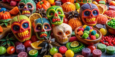 Fototapeta premium Vibrant colors abound in this still life of assorted spicy Mexican candies, including chili-dusted gummies, sugary skulls, and fruit-flavored treats in festive wrappers.