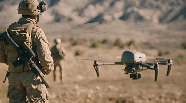 Military soldier controls drone for reconnaissance operation of enemy positions. Concept using quadrocopters in smart war