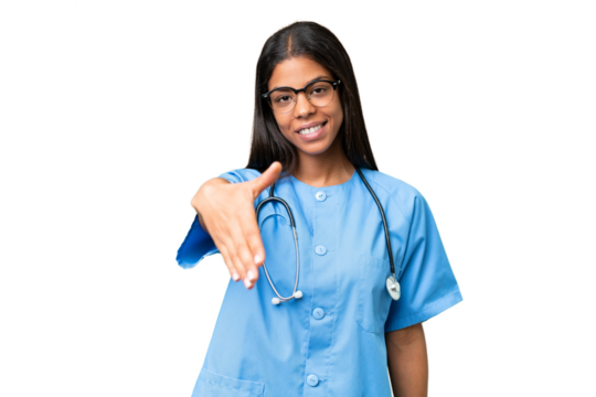 Young African american nurse woman over isolated background shaking hands for closing a good deal