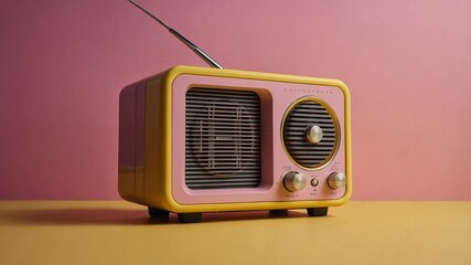 Obraz premium Brightly colored vintage pink radio receiver standing out against a vibrant yellow background
