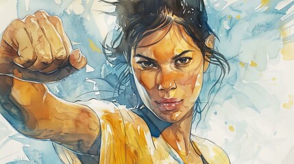 Determined woman watercolor portrait. Watercolor painting of a strong and determined woman throwing a punch, conveying power and resilience.