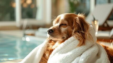 Pampered pooch poolside bliss. Adorable dog relaxes in a fluffy white towel by the pool, enjoying the good life.