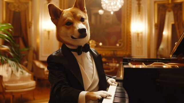 Shiba inu dog playing piano in luxury. Adorable Shiba Inu dog dressed in tuxedo playing piano in elegant room, perfect for pet, music, or humor themed projects.