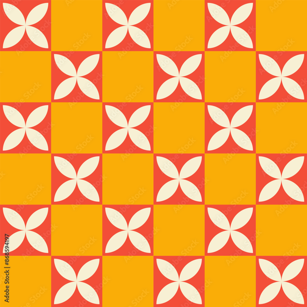 Poster Trendy retro geometric seamless pattern with colorful squares and flowers. Modern abstract background. Red, beige and yellow colors. Vector illustration