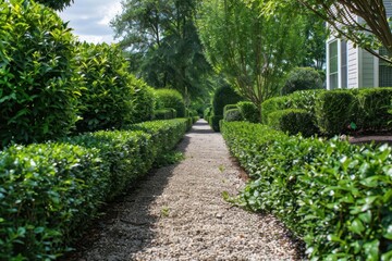 meticulously manicured white privet hedge stretches towards vanishing point crisp lines and lush foliage create striking geometric patterns embodiment of precision in landscape design