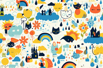 Cute and whimsical pattern featuring cats, clouds, flowers, and rainbows, perfect for a cheerful and playful design.