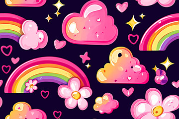 Fototapeta premium Cute seamless pattern with pink clouds, rainbows, hearts, and stars on a dark background. Perfect for kids' products and cheerful designs.