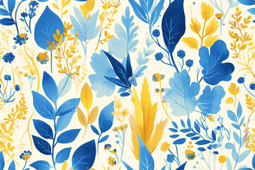 Elegant pattern with blue and yellow leaves and flowers on a light background, giving a fresh and sophisticated look.