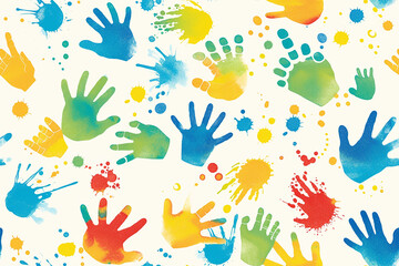 Playful seamless pattern with handprints and paint splatters in bright colors. Perfect for children's art and educational materials.