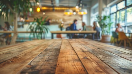 Empty wooden table in busy cafe. Rustic wooden table with blurred cafe background, perfect for product placement or showcasing the bustling atmosphere of a coffee shop.