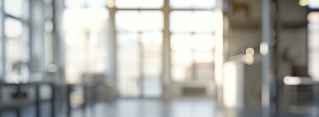 Fototapeta premium Blurred office background. Blurred image of modern office interior with large windows, perfect for backgrounds and design projects.