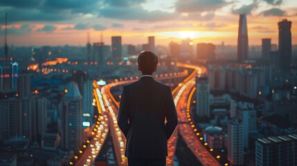 Business Man Looking at City Skyline, Cinematic Style with Urban Night Lights