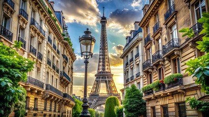 Naklejka premium Elegant Eiffel Tower stands tall amidst beautiful Parisian streets lined with historic buildings, vintage lamp posts, and lush greenery in a stunning cityscape.