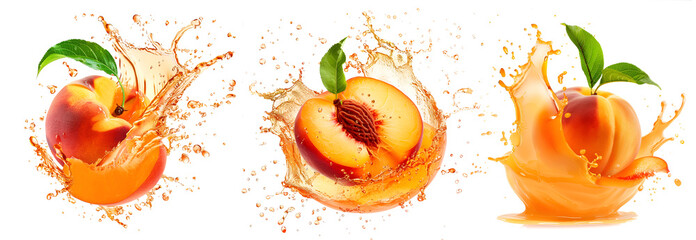 Set of peaches in juice splash isolated
