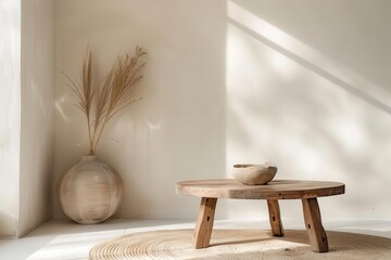 minimalist boho interior neutraltoned room with empty table and simple vase soft diffused lighting creates calm atmosphere for product showcase or lifestyle photography