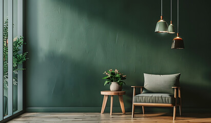 Modern interior design with emerald green wall and wooden armchair, side table and pendant lamp