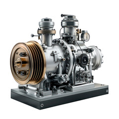 Fototapeta premium High-quality image of an industrial compressor. Detailed mechanical components highlighted on a clean, white background.