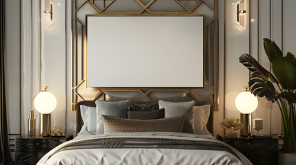 Art Deco extravagant and premium interior design bedroom with empty poster mockup on the wall