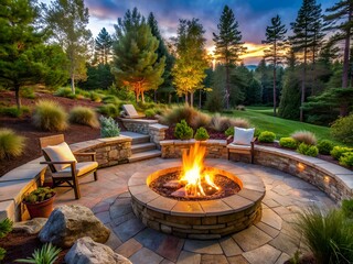 Cozy outdoor ambiance with circular stone paver firepit surrounded by subtle recessed lighting, blazing fire, and beautifully landscaped hardscaping in the serene background.
