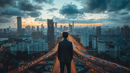 Business Man Looking at City Skyline, Cinematic Style with Urban Night Lights
