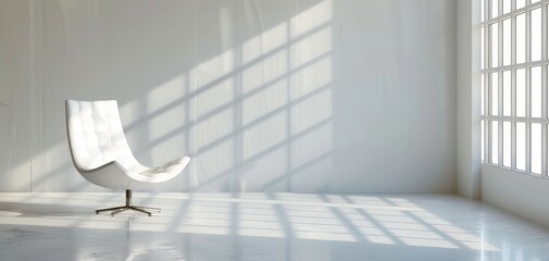 A modern, minimalist room with a white chair and large windows casting geometric shadows, creating a serene and elegant atmosphere.