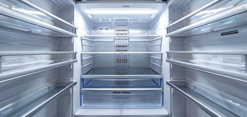 Obraz premium Interior of a modern, empty refrigerator with open doors and bright lighting, showcasing clean shelves and compartments.