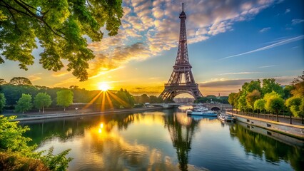 Obraz premium Vibrant morning sunrise casts a golden glow on the iconic Eiffel Tower, surrounded by lush greenery and serene River Seine in picturesque Paris, France.