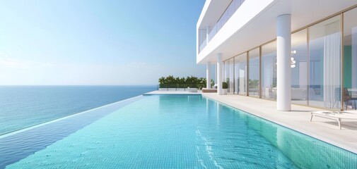 Fototapeta premium Modern luxury oceanfront villa with infinity pool and stunning sea view on a sunny day. Perfect for holidays and relaxation.