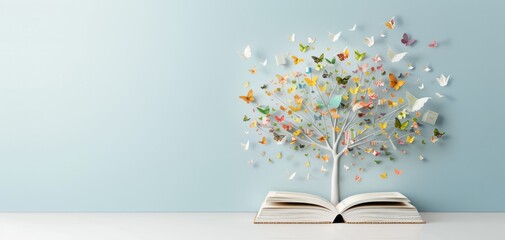 Open book with pages transforming into colorful tree of butterflies, symbolizing imagination and creativity on light blue background.