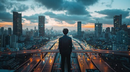 Business Man Looking at City Skyline, Cinematic Style with Urban Night Lights