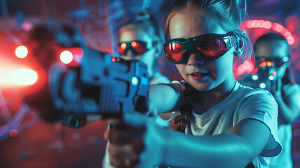 Kids playing Laser Tag. Poster with copy space.