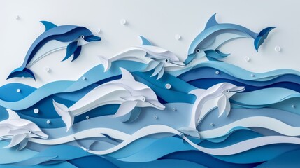 Obraz premium A detailed 3D papercut illustration of a playful group of dolphins leaping from the ocean. Layers of blue and white paper create a dynamic sense of movement, capturing the joy and energy of these