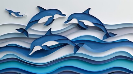 A detailed 3D papercut illustration of a playful group of dolphins leaping from the ocean. Layers of blue and white paper create a dynamic sense of movement, capturing the joy and energy of these