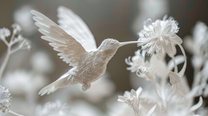Obraz premium An intricate 3D papercut of a hummingbird hovering near a flower, its delicate wings a blur of motion. The multi-layered design captures the iridescence of its feathers and the delicate details of